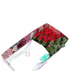 Arreglo de flores naturales con 20 rosas, eucalipto y pino en caja de cartón decorada.