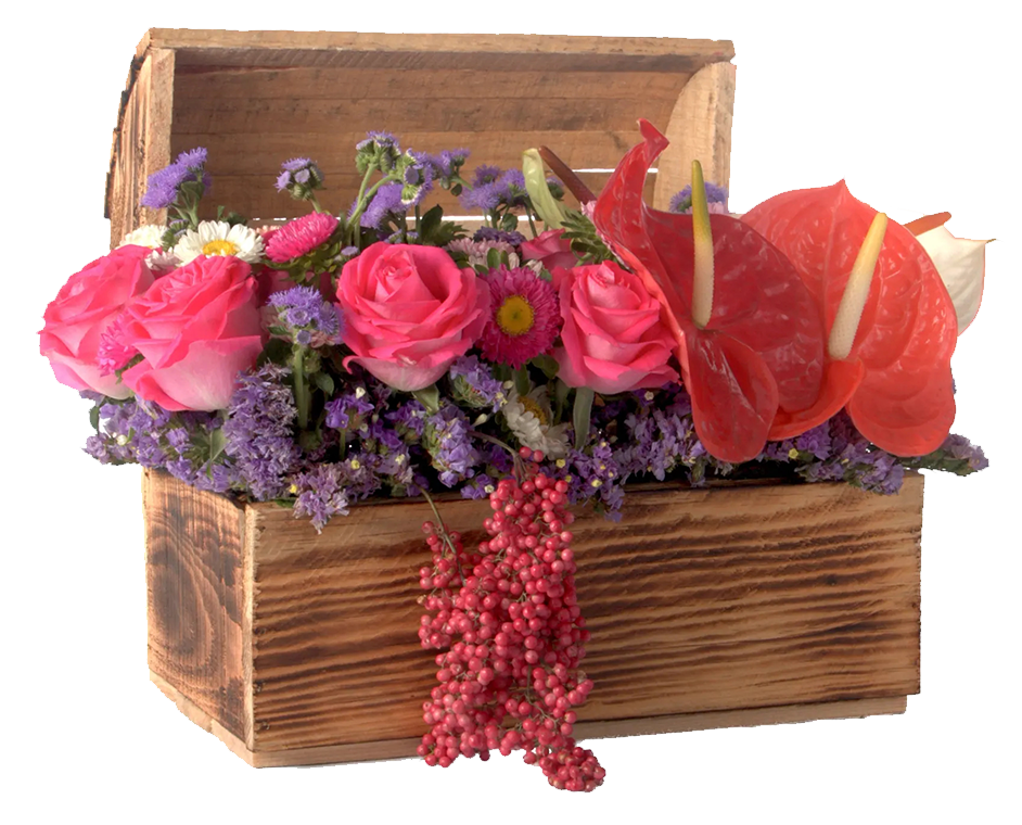Baúl de madera con flores naturales como Matsumotos, Siempre Vivas, Rosas y Anturios.